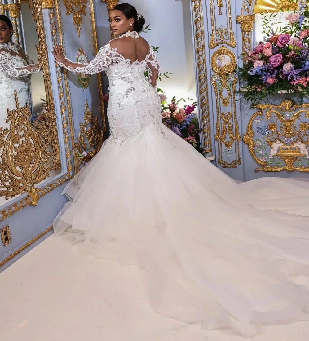 Personalizado sereia vestido de casamento renda appliqued frisado vestidos de noiva mangas compridas sheer jóia neckl varredura trem novia