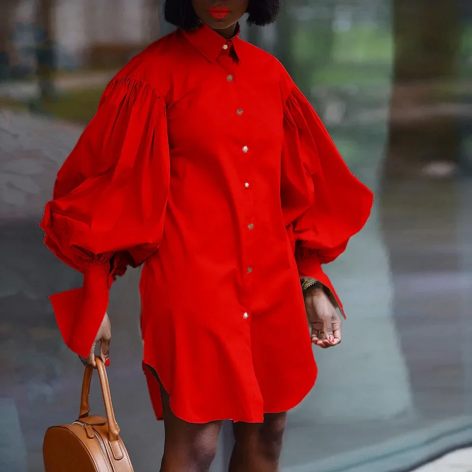 Robe chemise ample à manches bouffantes pour femmes, grande taille européenne et américaine, couleur unie, décontractée, manches longues, robes de soirée élégantes pour femmes