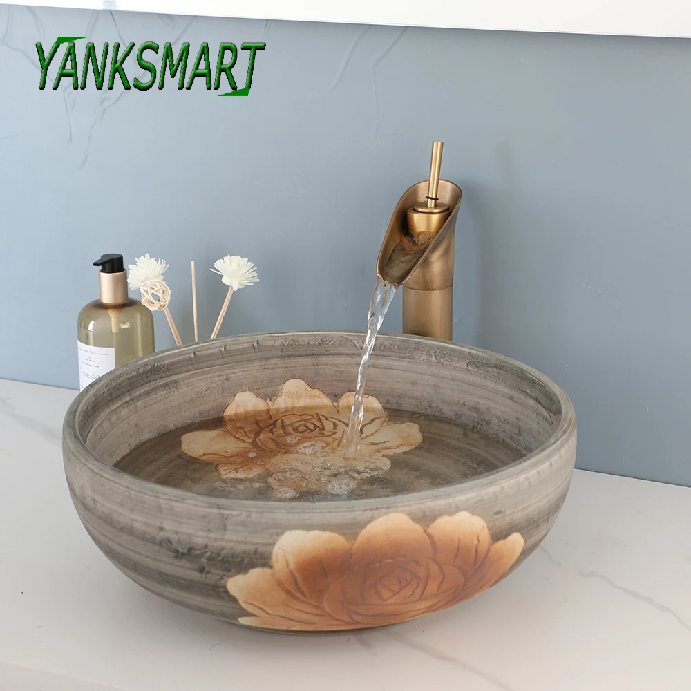 

YANKSMART Bathroom Basin Waterfall Water Tap Ceramic Lavatory Washbasin Basin Sink Set Bath Combine Deck Mounted Mixer Faucet