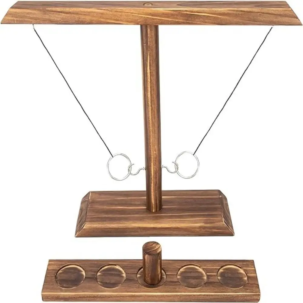 2 Player Wooden Ring Toss Game Adjustable String Durable Table Top Games Handheld Handmade Hook and Ring Game Set Bar