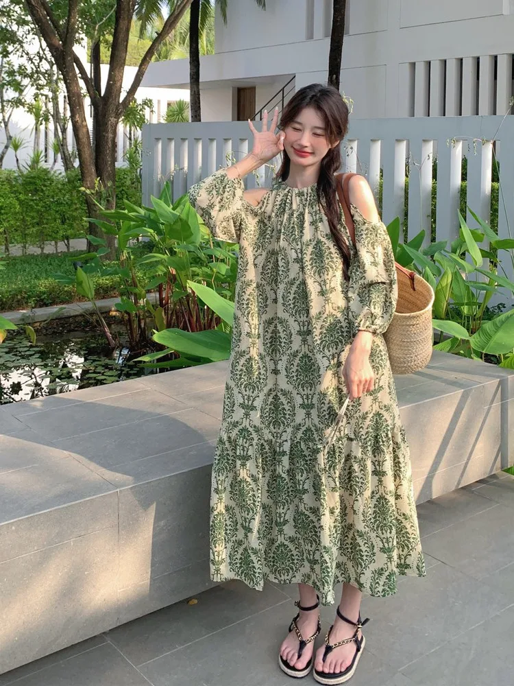 플러스 사이즈 여성을 위한 레이드바 플로럴 프린트 오프숄더 드레스 플러스 사이즈 여름 루즈핏 배 커버 슬리밍 롱 스커트