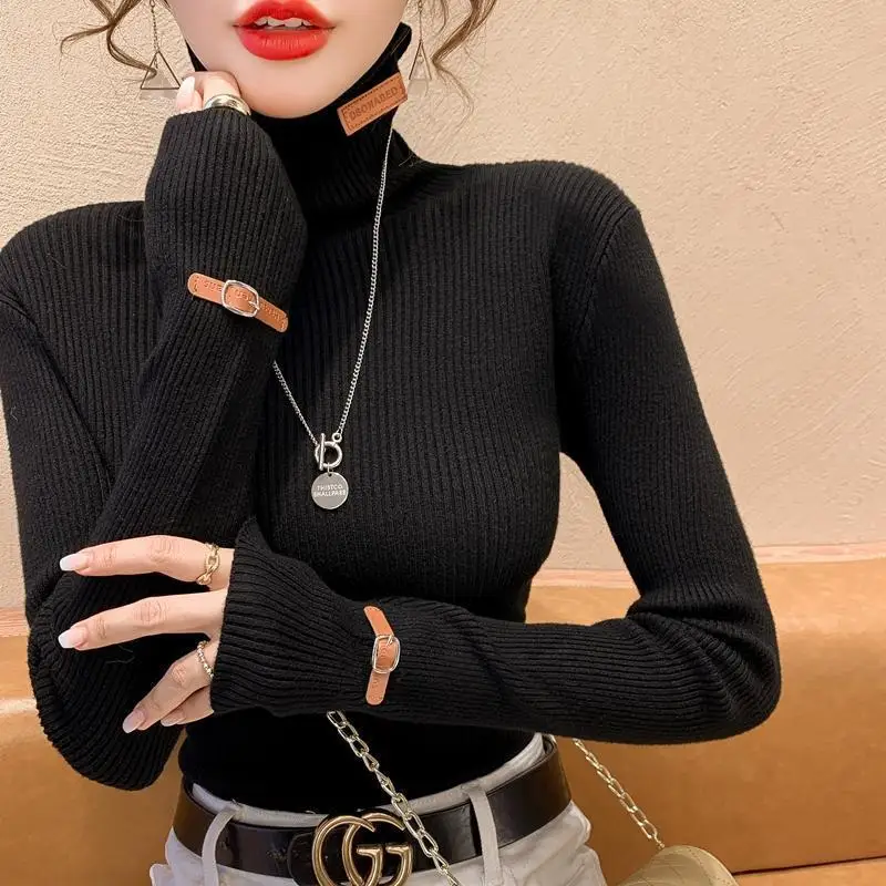 Solid Color Turtleneck Sweater Women's Autumn and Winter 2023 New Fashion Bright Line Decoration Long Sleeved Slim Pullover Tops
