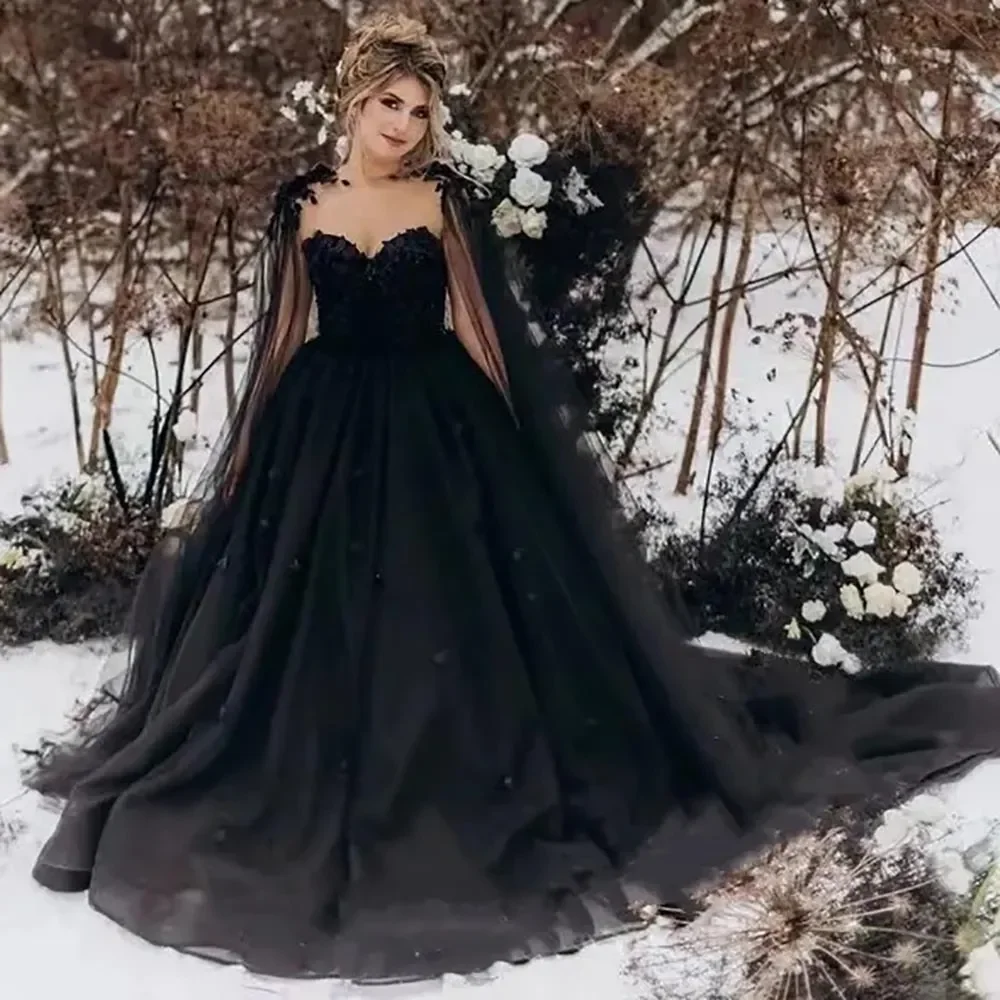 Customized Tulle Decal Bridal Gown Black Wedding Dress Formal A-line Lace Custom New Plus Size Sleeveless Handmade Flower