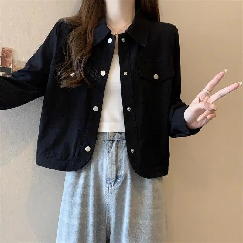 

​New Women's Spring Autumn Single Row Button Cargo Long Sleeve Jacket with Arc Hem Short Cardigan​