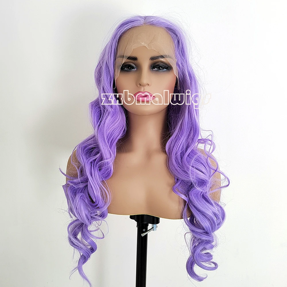 Body Wave Light Purple Synthetic Hair Lace Front Wig for Women Glueless Cosplay Heat Resistant Fiber