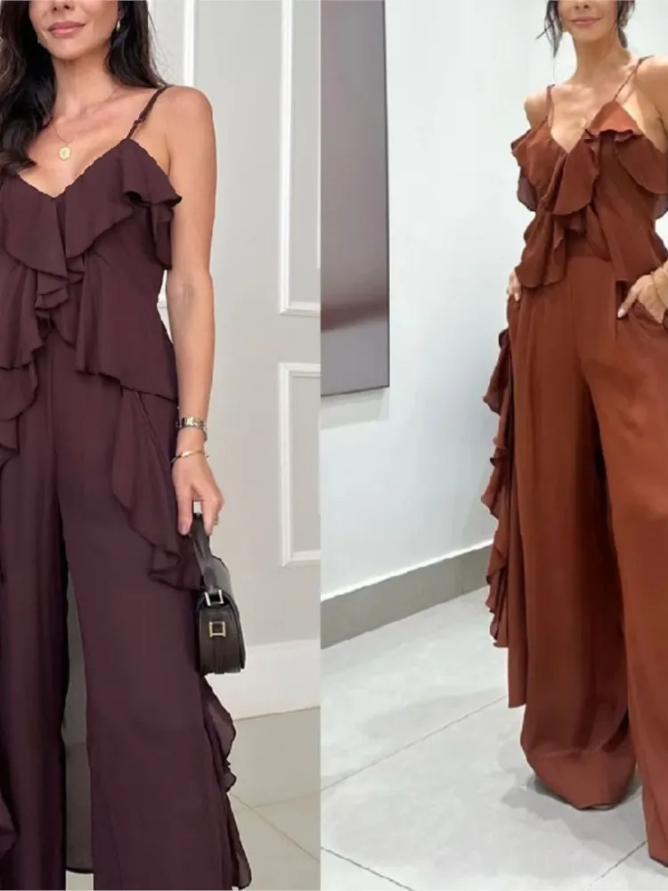 2025 Summer Solid Color Two Piece Set Women Chiffon V-neck Ruffle Edge Long Suspender Tops Trousers 2 Piece Sets Female Fashion