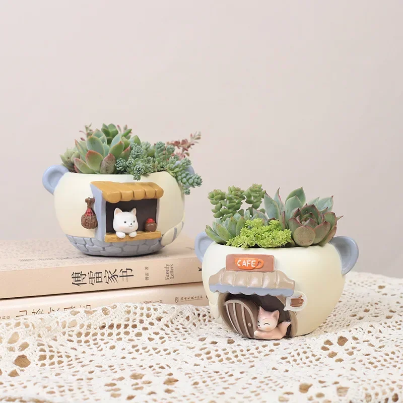 Cute Kitty Fox Small Plant Pot Resin Succulent Planter for Home Office Desk Mini Ornament Fairy Garden Flowerpot Decoration