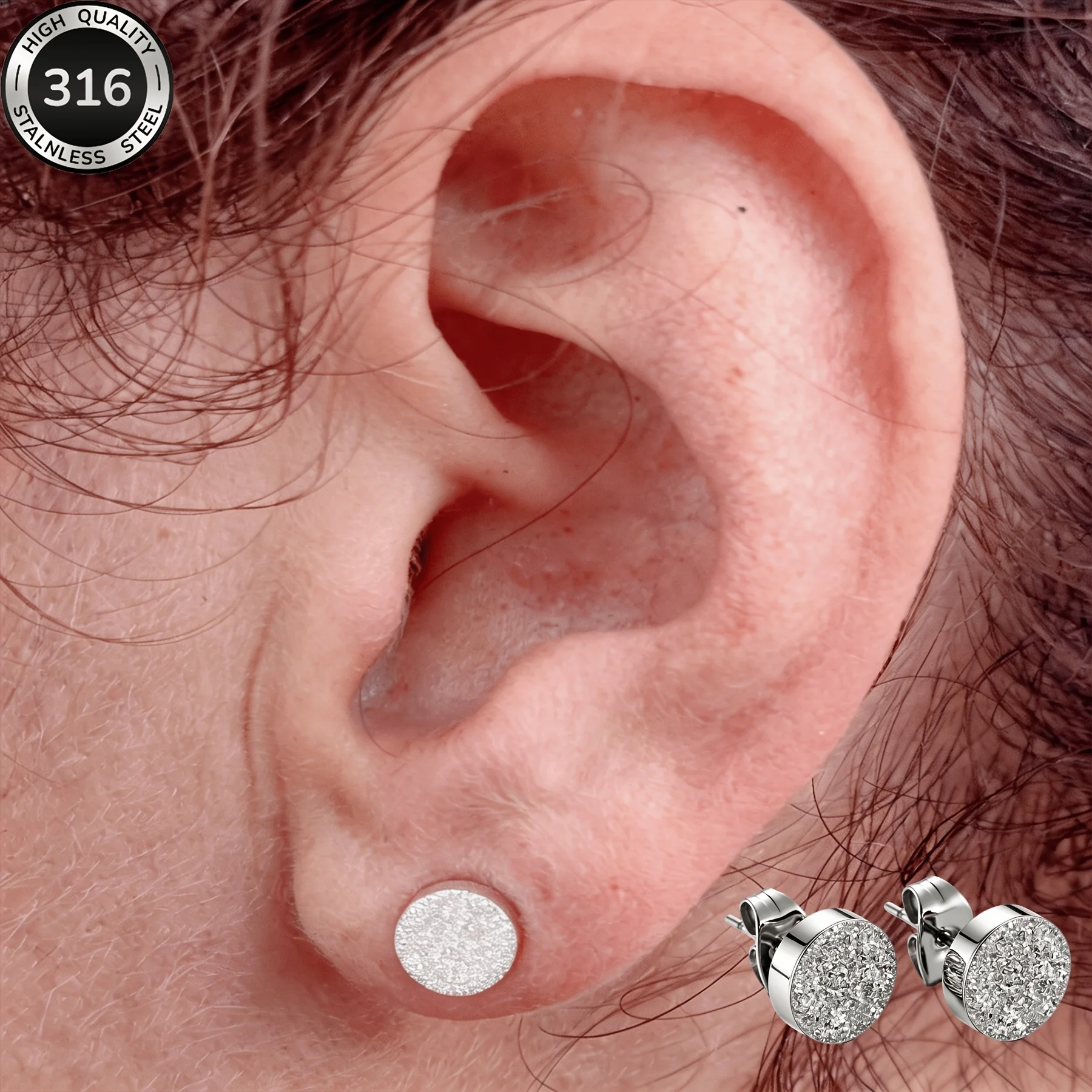 1 Pair of 316 Stainless Steel 6/8mm Frosted Round Cake Stud Earrings Fashionable Sparkling Earrings for Women to Wear Daily