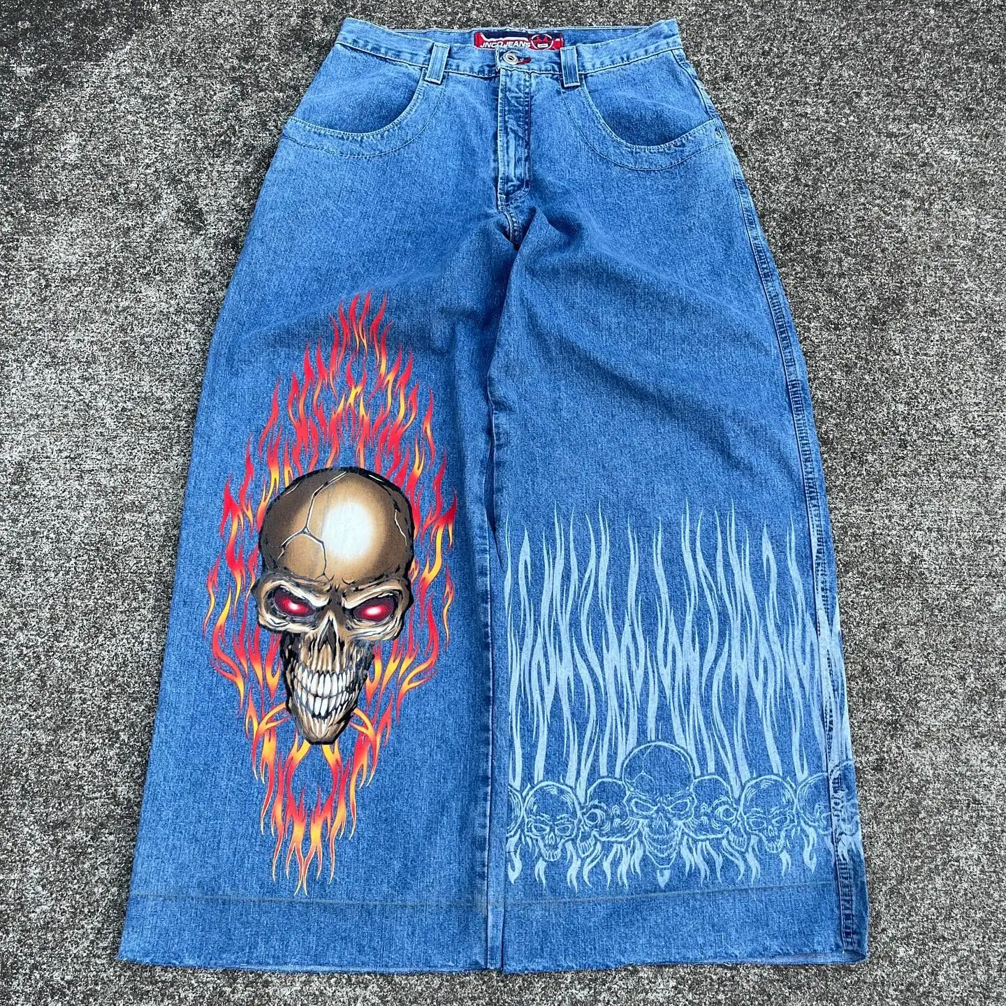 กางเกงยีนส์ขากว้างลายกะโหลกสำหรับผู้ชาย Y2K ฮาราจูกุฮิปฮอป Jnco จัดส่งกางเกงยีนส์กางเกงทรงแบ็กกี้ลำลองแนวสตรีทแวร์ใหม่