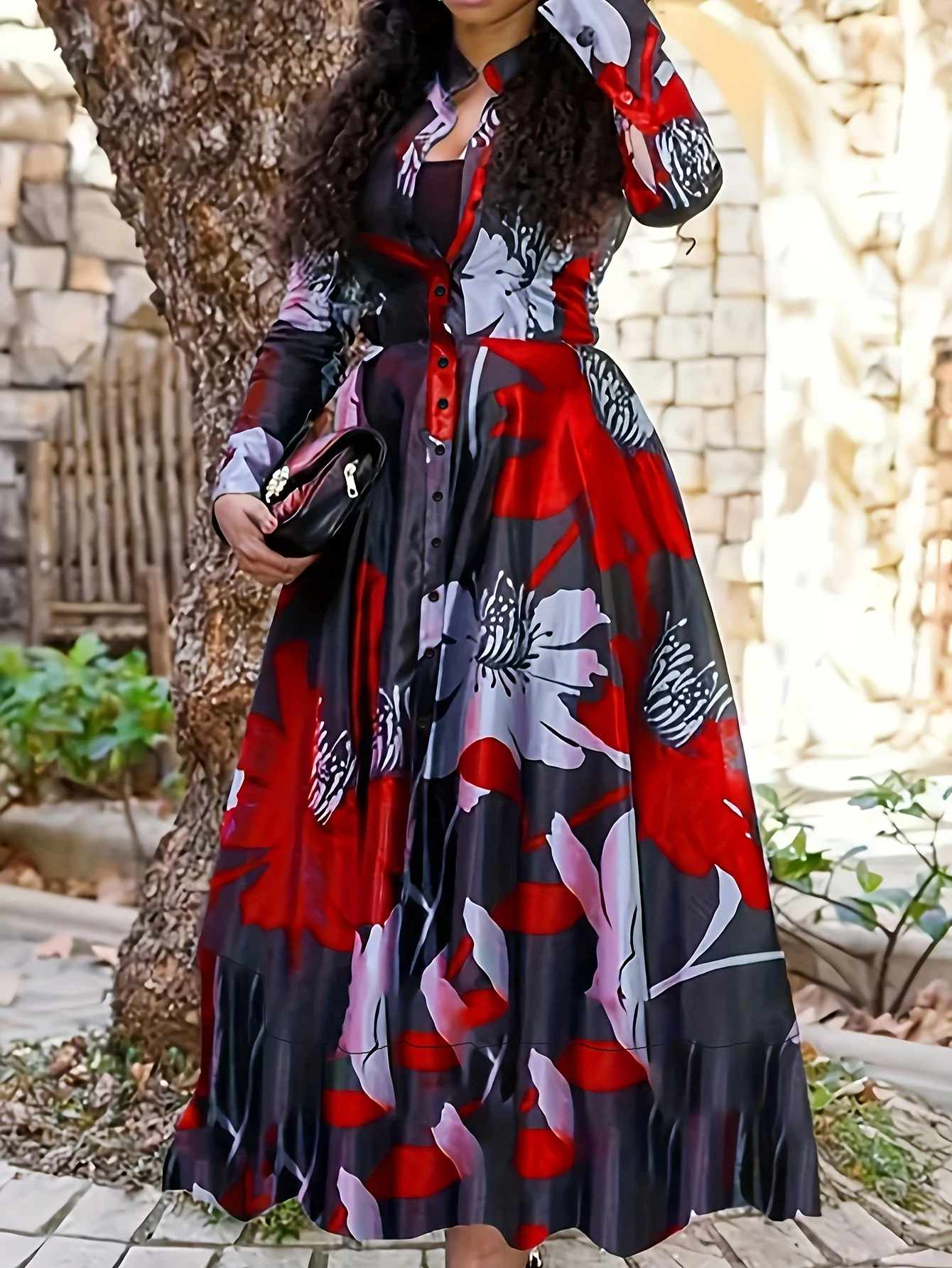 

Элегантное длинное платье с рюшами и цветочным принтом и пуговицами, повседневное модное платье макси для женщин, идеально подходит для весны и лета