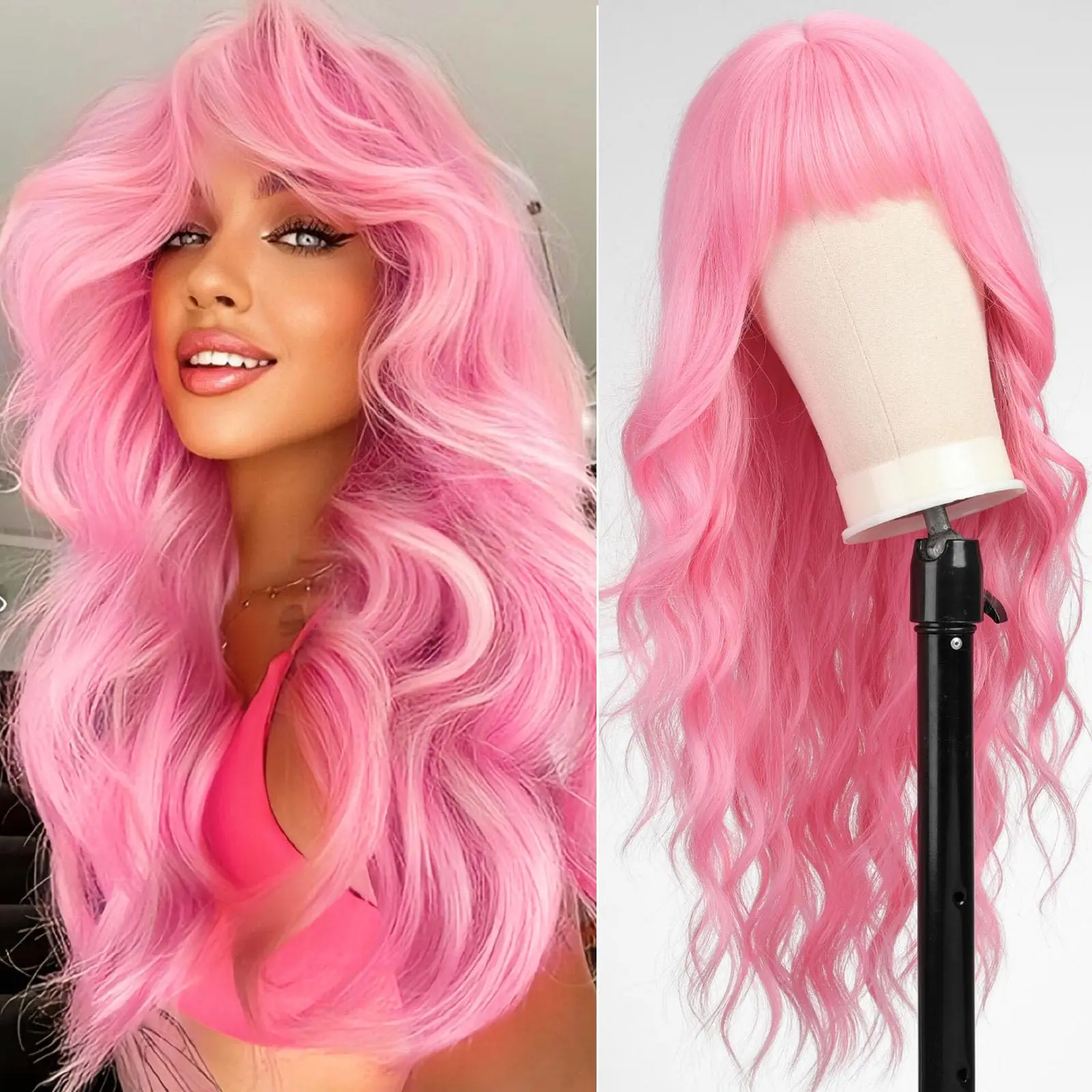 

Light pink synthetic wig with big waves for Halloween party cosplay wig for daily use, high-temperature hair silk wig set