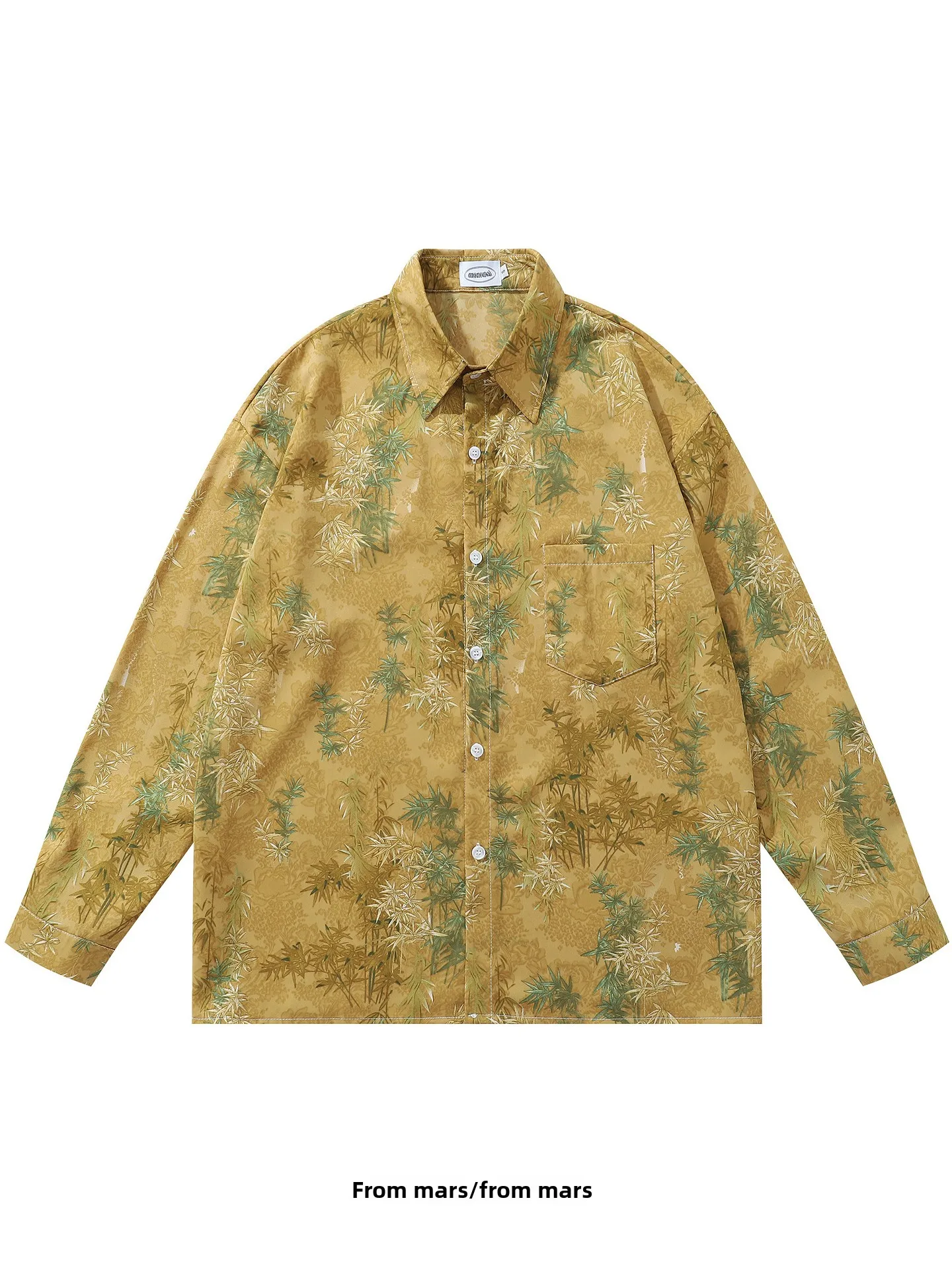 

from Long Sve Casual irt Collared Loose Fit Men's Women's BF Sle Countryside Fre Healing Bamboo Print