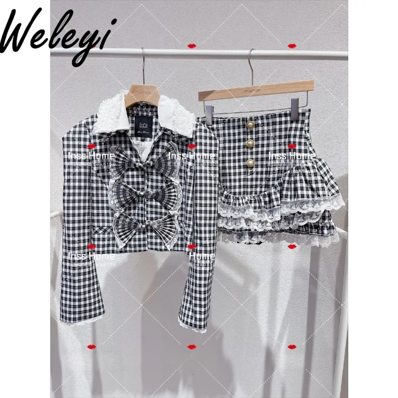 Retro Black and White Thousand Bird Grid Skirt Set Womens 2024 Autumn New Classic Short Cardigan Jacket Cake Skirts Fashion Suit