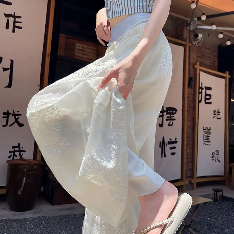 Chinese embroidery design wide-leg pants women's 2025 high-waisted thin elastic waist strap drape national style casual pants