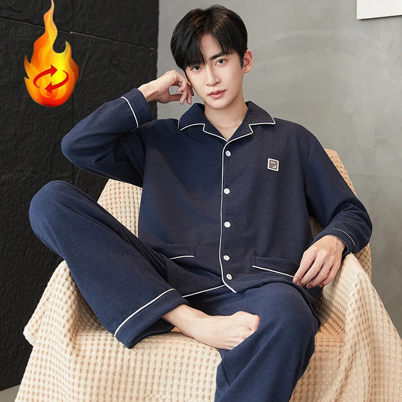 MiiOW Soft Dralon Men Pajamas Set Autumn Winter Warm Long Sleeve Cardigan Sleepwear Skin-feiendly Comfortable Man Loungewear