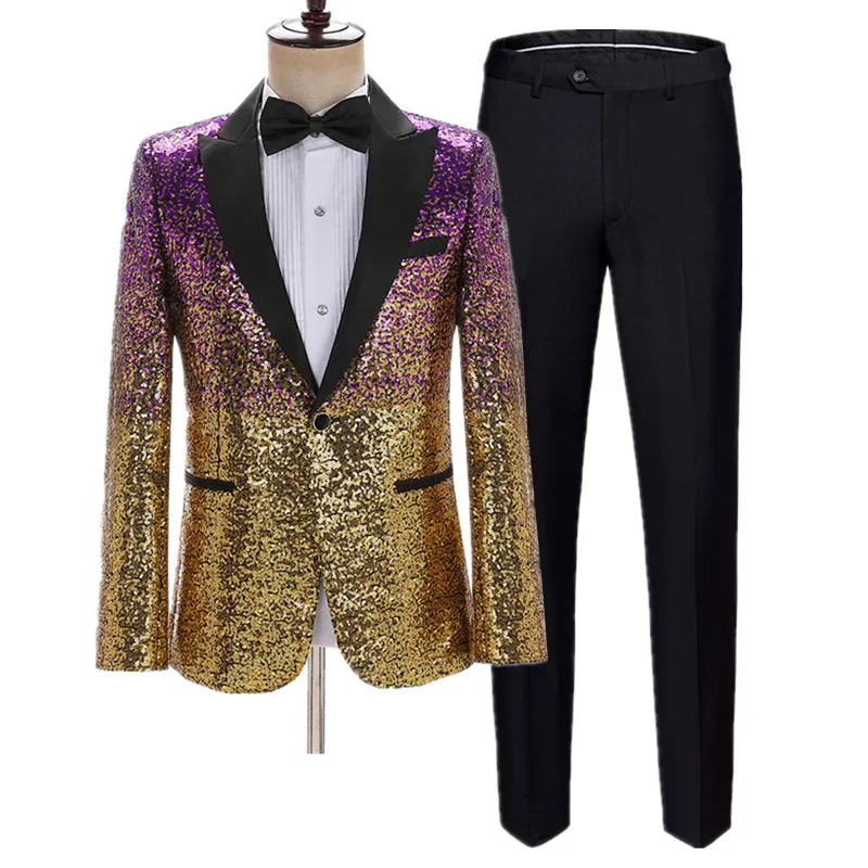 Fashion Men\'s Sequin Suit 2 Piece Men Bar KTV Stage Performance Dress Male Gradient Clothing