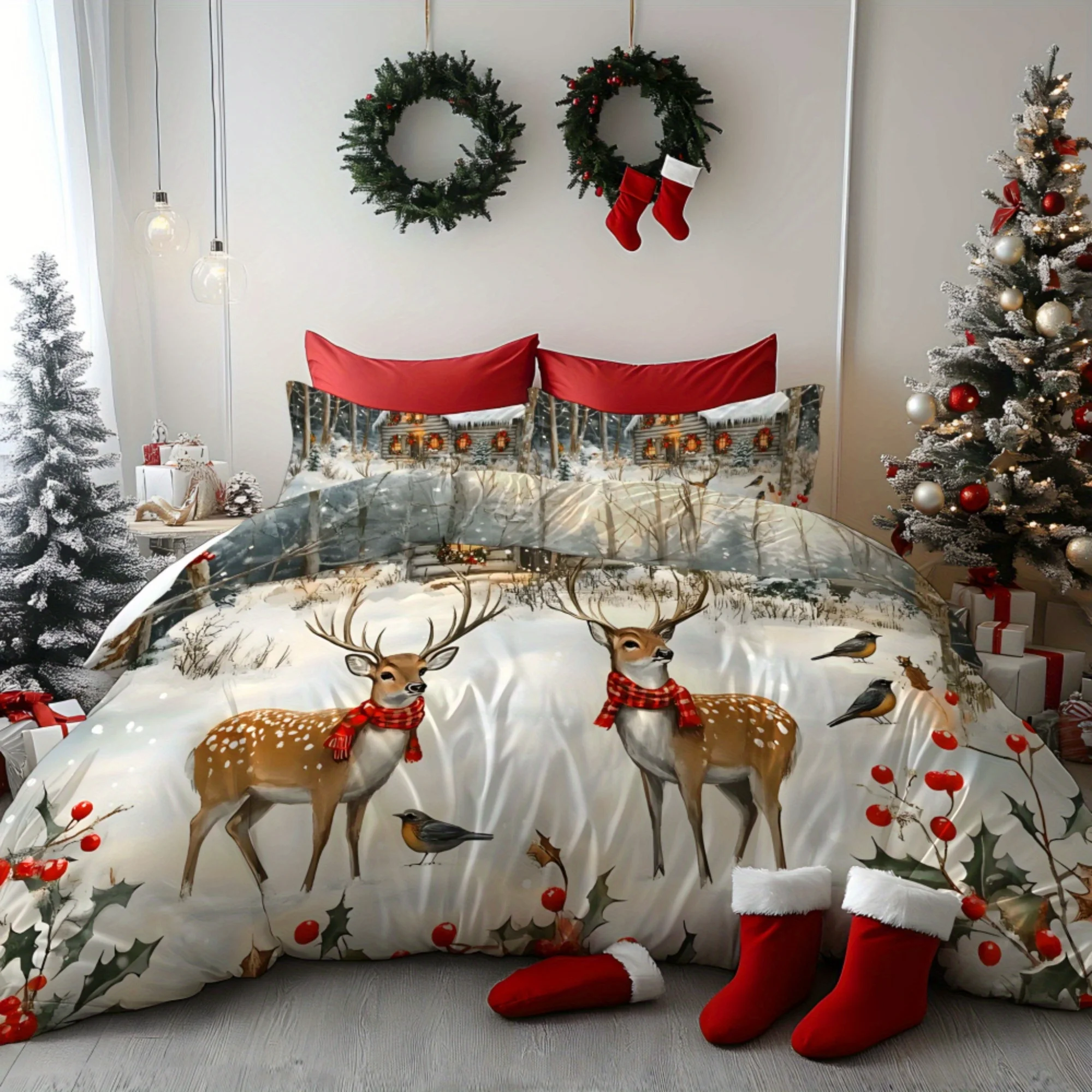 2/3pcs Christmas, Santa Claus, Sleigh, Reindeer, Snowman Snowflake, Gift Pattern 3D Super Soft Brushed Digital Duvet Cover Set