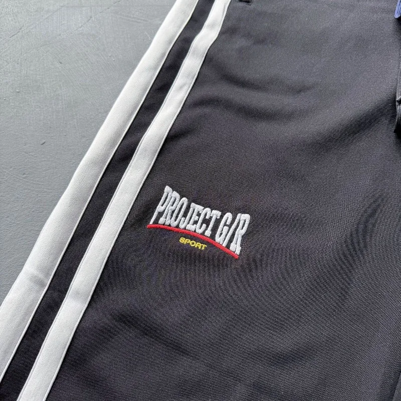 Falso três pés cintura design listra projeto g/r calças cruzadas bordado etiqueta das mulheres dos homens soltos calças de moletom casuais jogger