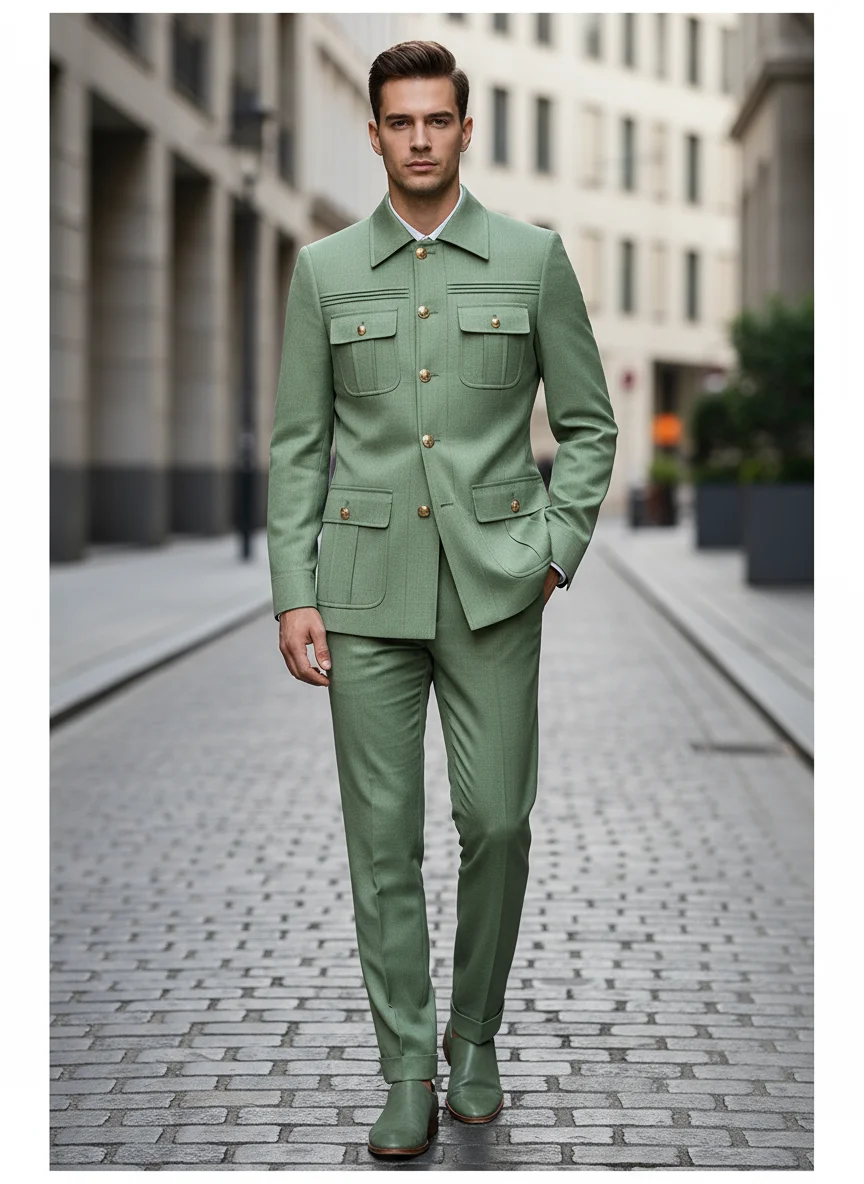 

ST Cassy green Elegant Men's suit Classic Fit Multi Buckle Multi Pocket Casual Business Set Men's 2-piece Set
