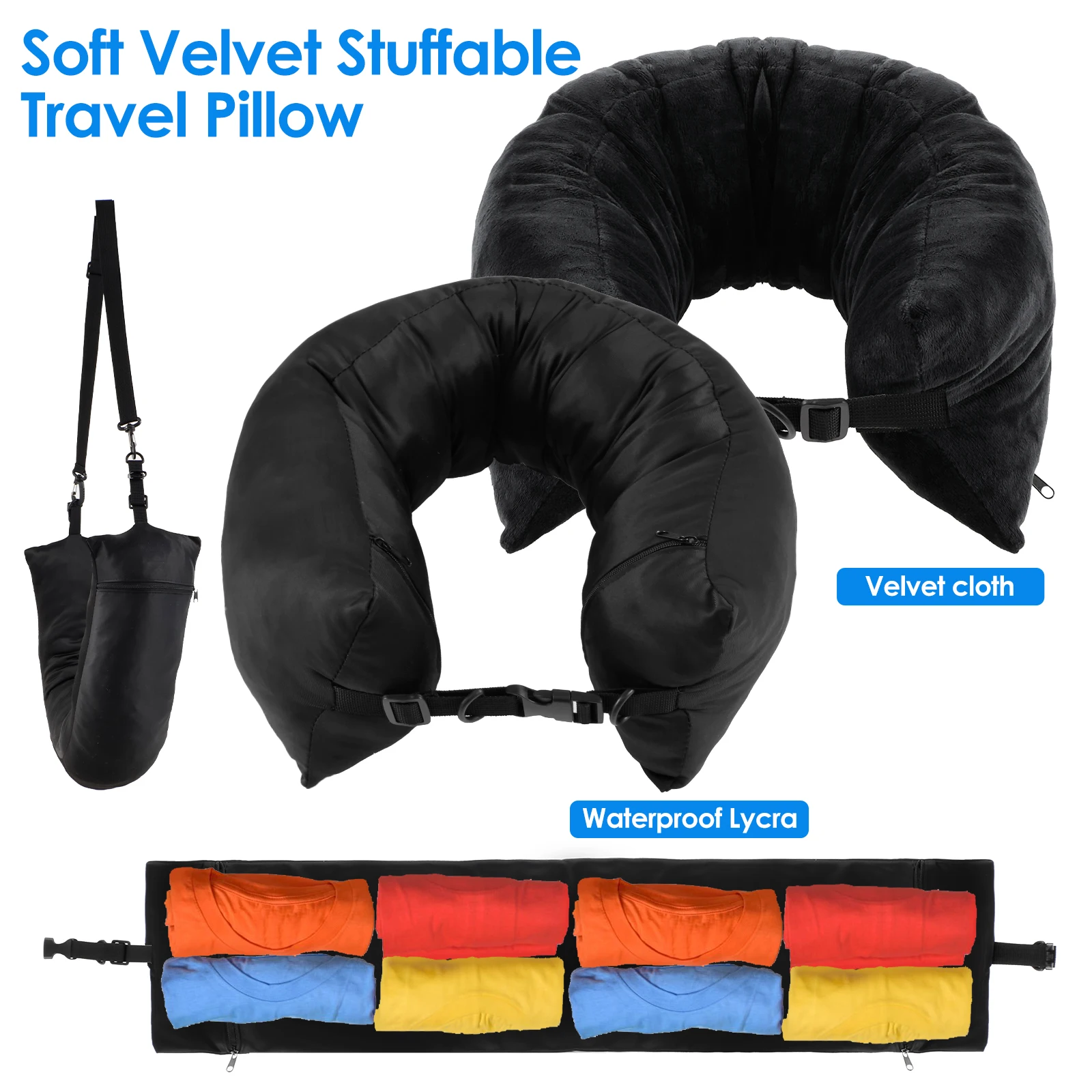 Fillable Travel Neck Pillow Portable Stuffable Neck Pillow Refillable Support Cushion For Car Train Airplane Carry Travel Pillow