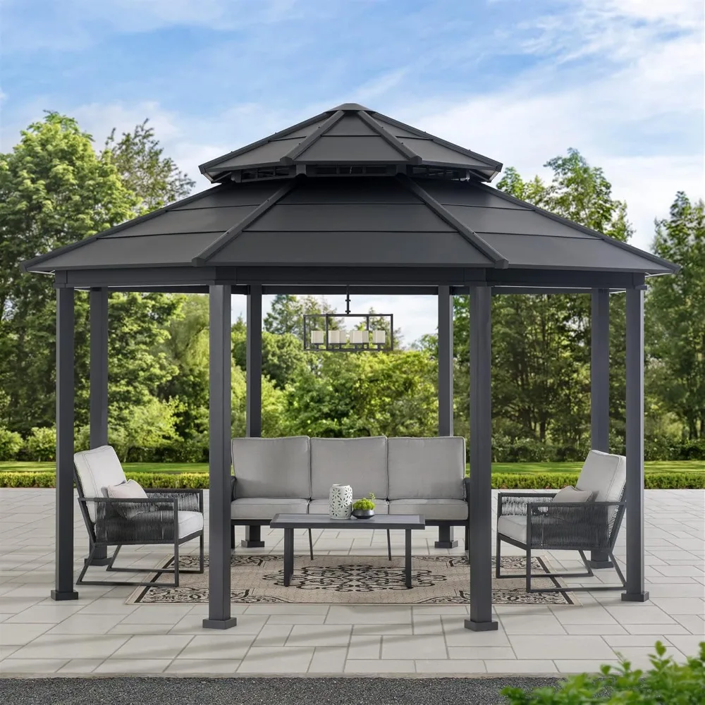 15 x 15 ft. Hardtop Gazebo, Outdoor York Octagonal Gazebo, Octagon Double Tiered Metal Gazebo with Dual Rails and Ceiling Hook