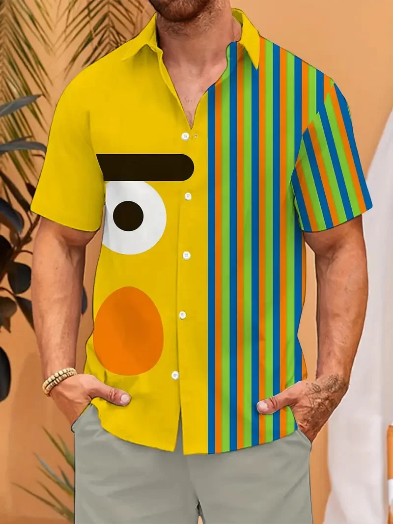 

Новая летняя мужская рубашка с короткими рукавами и воротником-стойкой с милым котом и забавным принтом, повседневная модная мужская рубашка с короткими рукавами