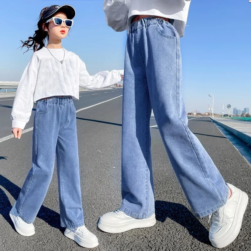 2026 Spring Kid's Jeans 3-9Y Cute Girls Solid Color Loose Wide Leg Pants Childrens Outwear Denim Trousers