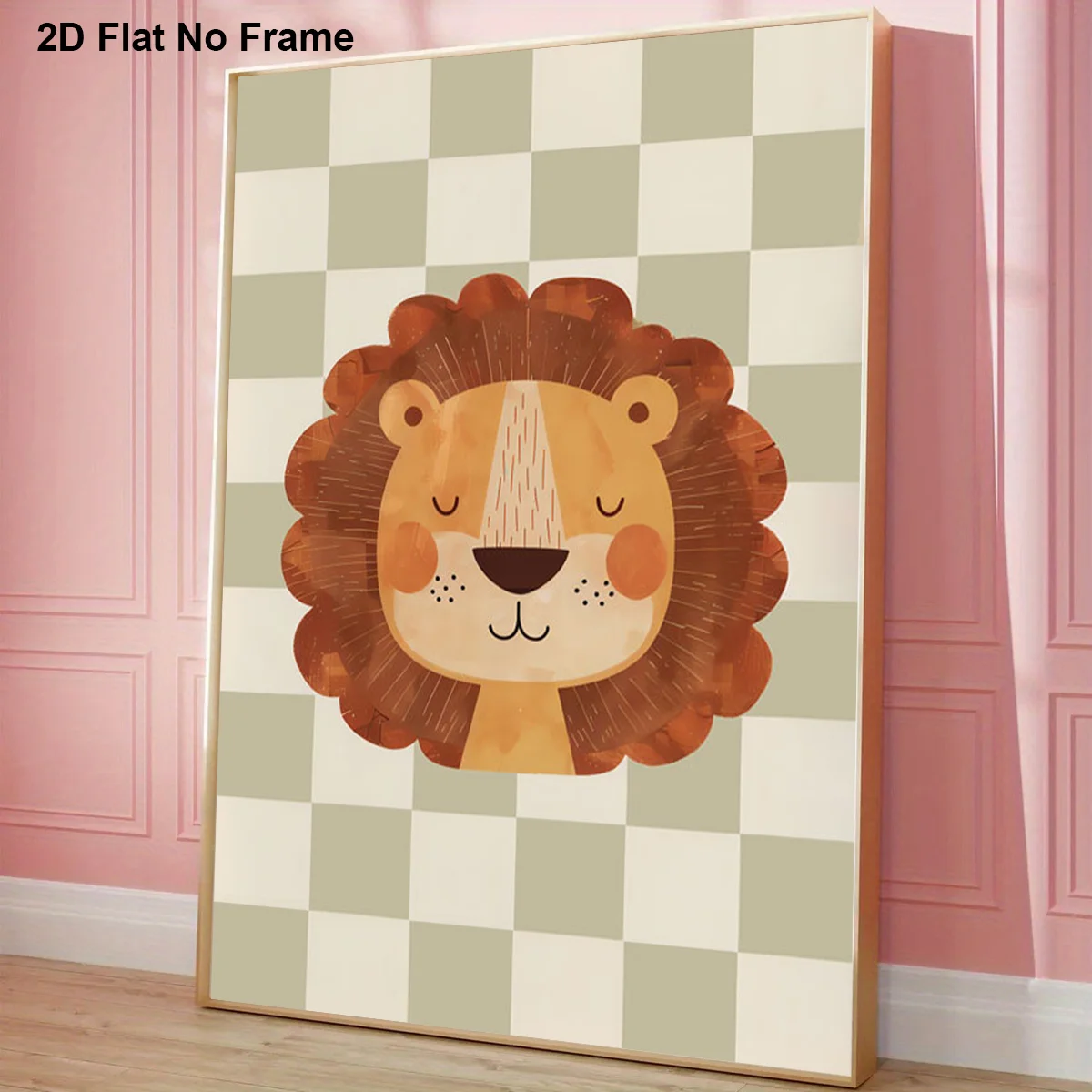 2D Flat, 2D Flat, Frameless 2D Canvas Poster Featuring an Adorable Cartoon Lion'S Face with a Mane Set Against a Checkerboard