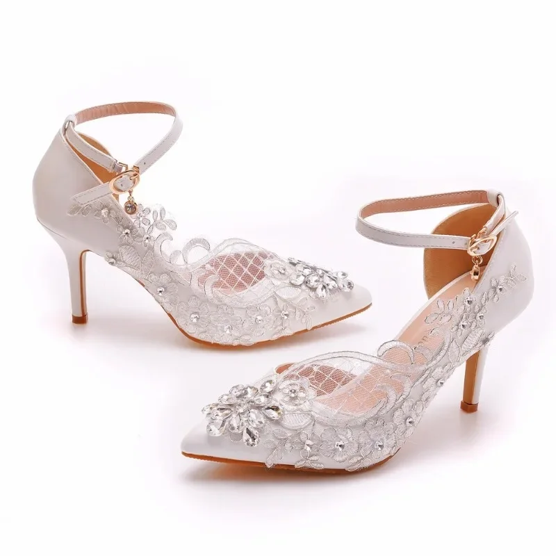 Strap Sandals Party Rhinestone PU 8CM Thin Heels Buckle Strap Wedding Shoes In Early Spring Shoes For Women White Women Pumps