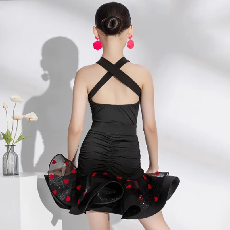 Children Latin Dance Practice Clothes Print Sleeveless Shoulder Split Skirts Two Piece Set Girls Training Performance Clothes