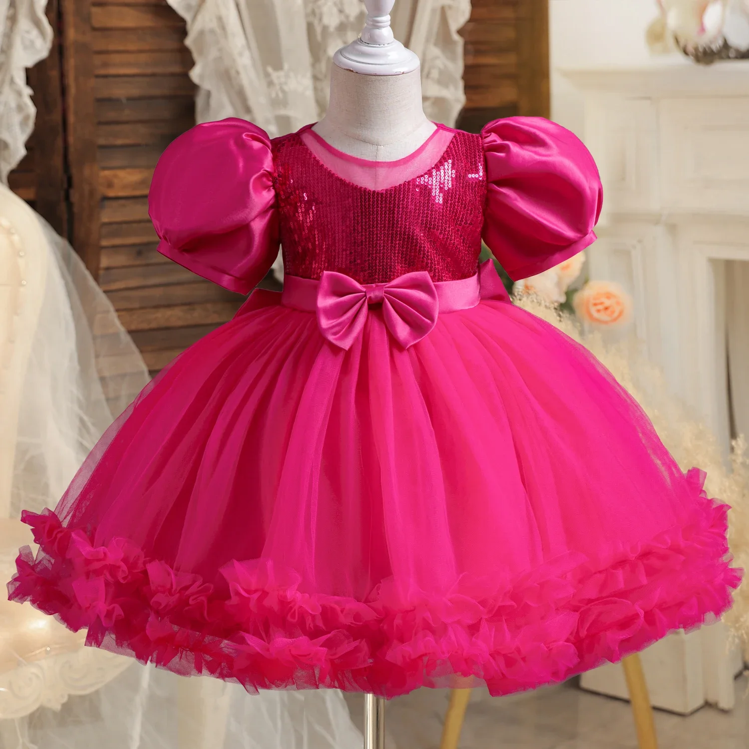 Summer Toddler Girl Dress Evening Bow manica a sbuffo Kid Princess Dress Baby Birthday Party Costume 1-5Y neonate abbigliamento per bambini