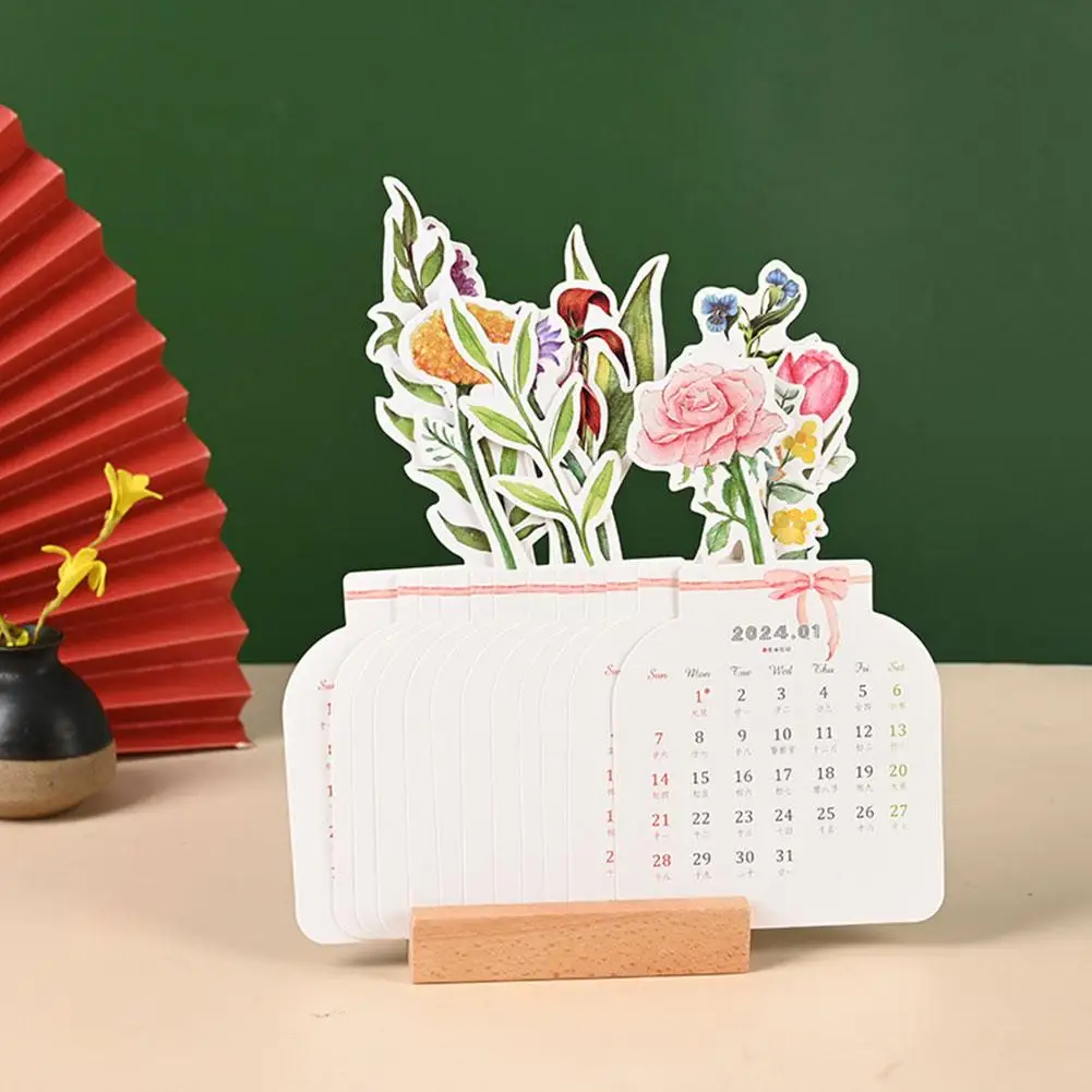 2024 neue kreative blühende Blume Schreibtisch Kalender kreative Holz karte Kalender Desktop-Kalender Illustrator dekorieren Lieferungen