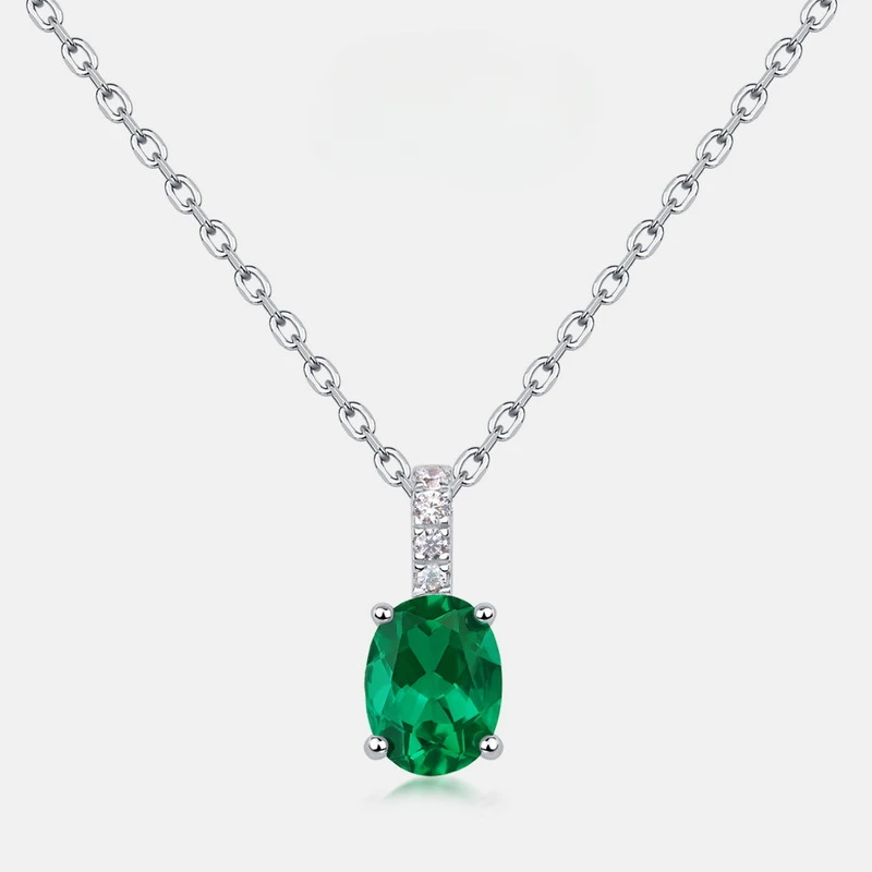 Foreign Trade Cross-Border Oval Cultivation Emerald Pendant FemaleS925Silver Inlaid Jewel Retro Clavicle Chain European and Amer