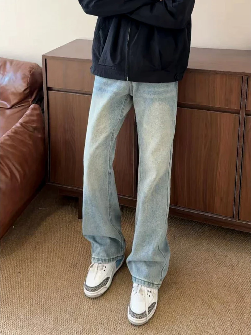 

Cleanfit Vintage Blue Flared Jeans Men's Autumn Winter Fleece Narrow Version High Street Straight Leg Trousers