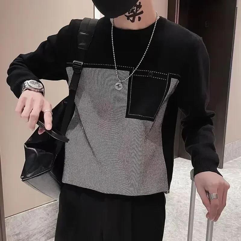 

Men's Clothing Crewneck Knit Sweater Male Striped Black Spliced Pullovers Round Collar Streetwear Sweatshirts Classic 2024 Trend