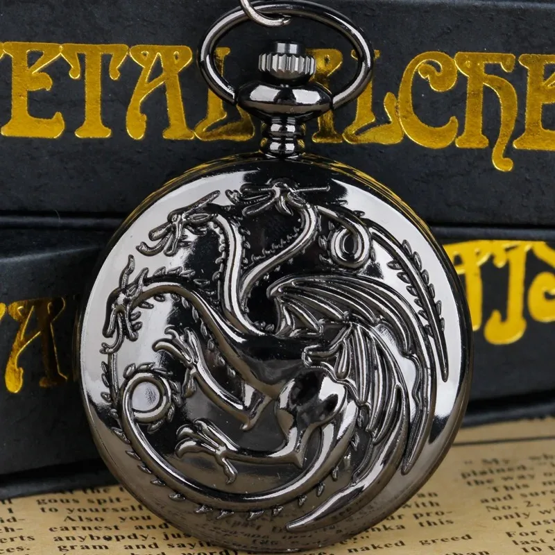 Black Vintage Quartz Pocket Watch Dragon Engraved Flip Roman Numerals Necklace Clock Unisex Student Gifts for Women Men