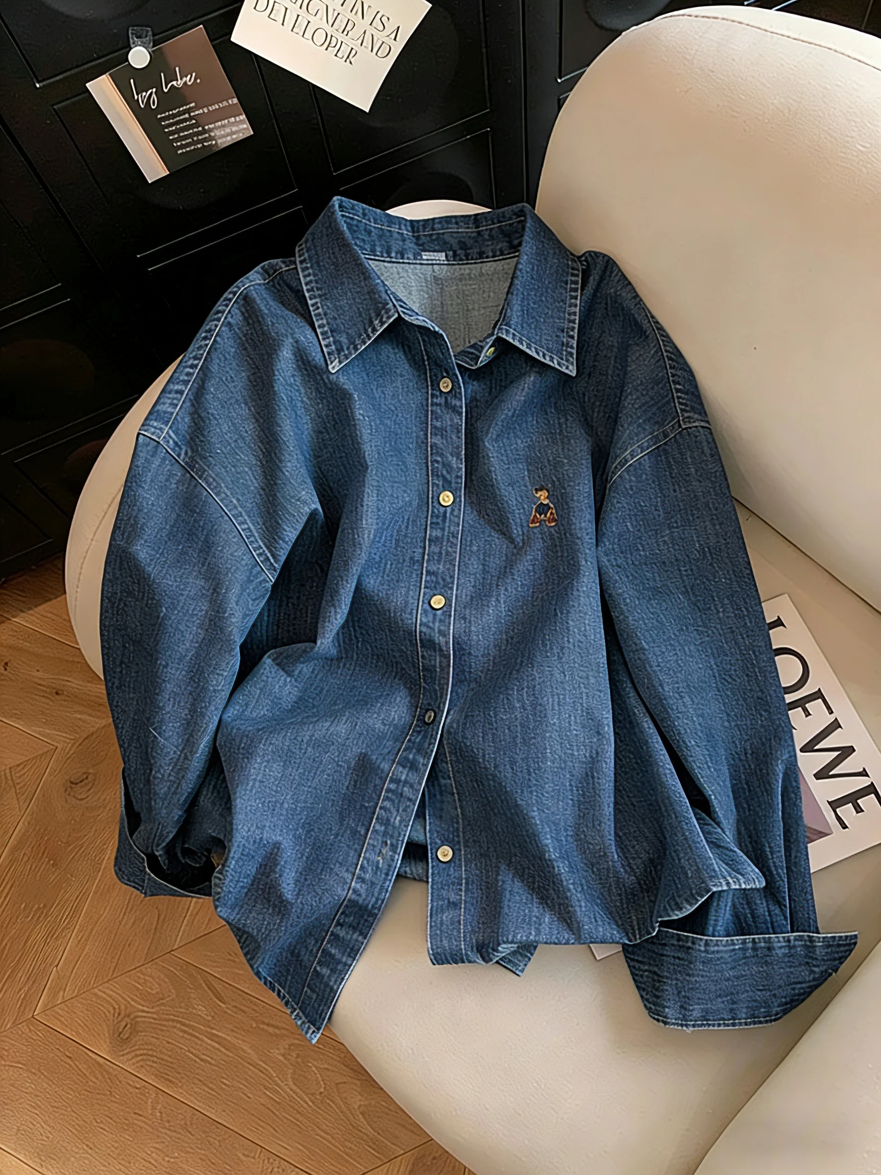 

Retro Hong Kong Style Loose Fit Denim Shirt with Embroidery Collar for Men And Women Spring Autumn Casual Trendy Top