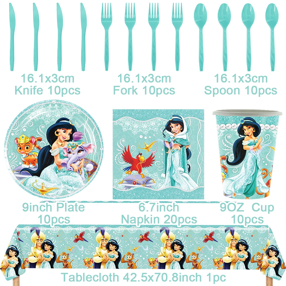 Cartoon Jasmine Princess Aladdin Theme Birthday Party Disposable Set Decor Banner Balloons Baby Shower Supplies For Kids Gift