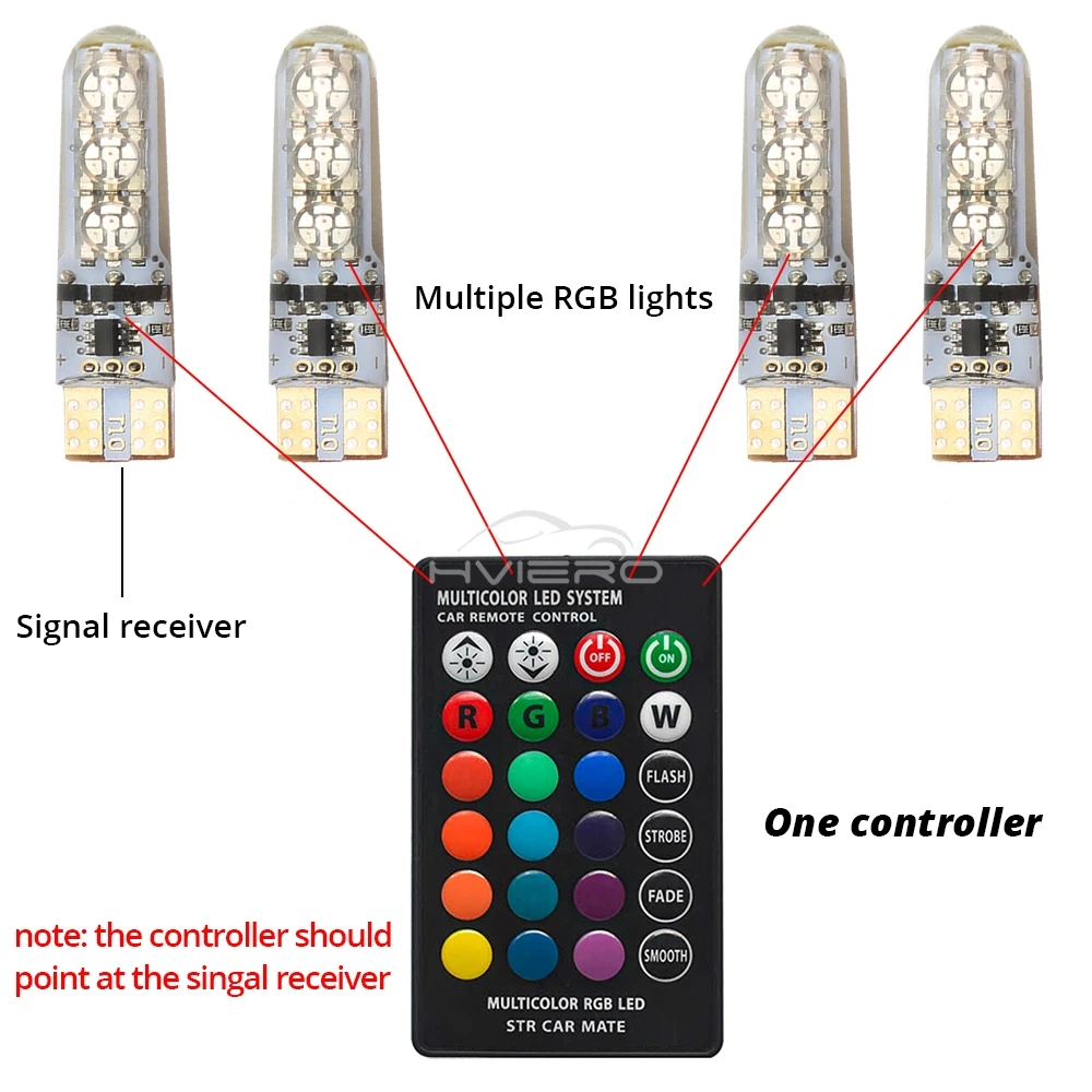 2Pc RGB Car LED Bulb T10 W5W 6SMD Atmosphere Clearance Side Lamp for Door Reading Dome Interior Lighting with Remote Control 12V