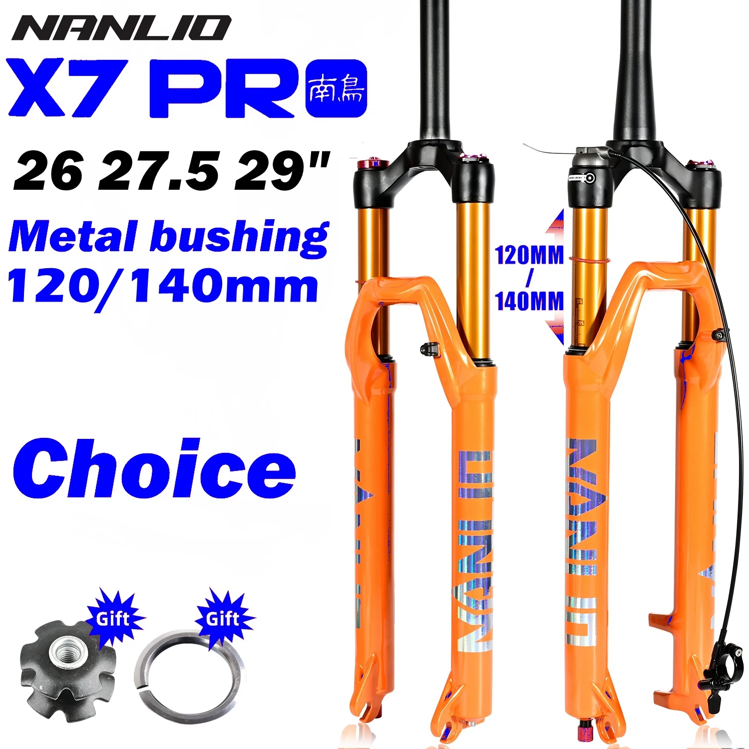 NanLio X7 PRO Bicycle Suspension Fork 26 27.5 29 inch 120/140MM Damped Rebound Adjustment Straight Cone Metal Bushings Air Fork