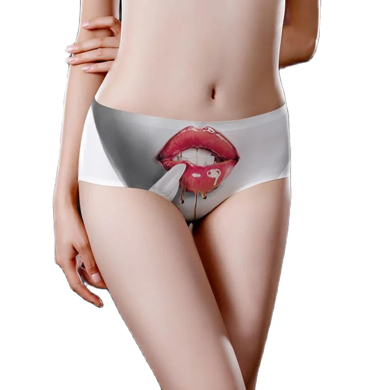 

Fashion Tempting Red Lips 3D Print White Girl Briefs Intimates Soft Lingerie Ice Silk Underpants Sexy Underwear Women Panties