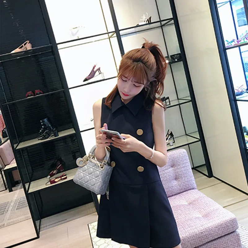 2023 Summer New College Style Slim Fit Double Breasted Retro Beach Resort Dress Women Robe Femme