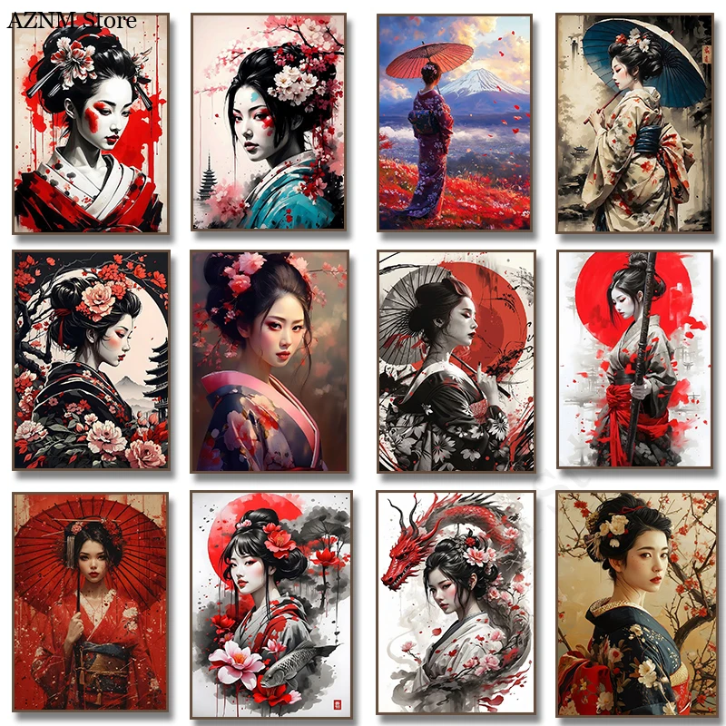 Japanische klassische Geisha mit Regenschirm-Poster und Drucke, moderne Kunst, Leinwandgemälde, Wandkunst, Bild, Wohnzimmer, Heimdekoration