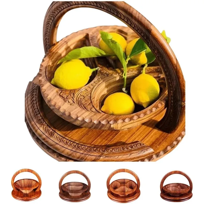 

Wooden Basket,Handmade Wood Carving Plate Collapsible Basket Bamboo Dried Fruit Basket Wooden Bowls for Home D