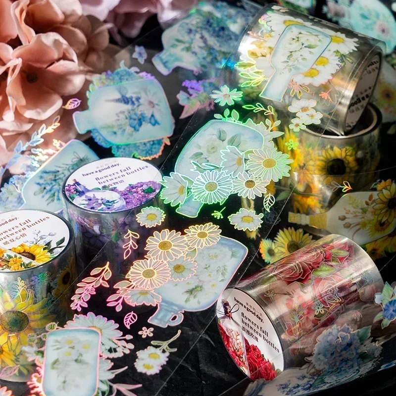 1Roll Romanti Dekoracyjne brązujące różowe gwiazdki Kartki samoprzylepne Taśma do scrapbookingu Złote kwiaty Naklejki Laserowe 30CM Wodoodporne