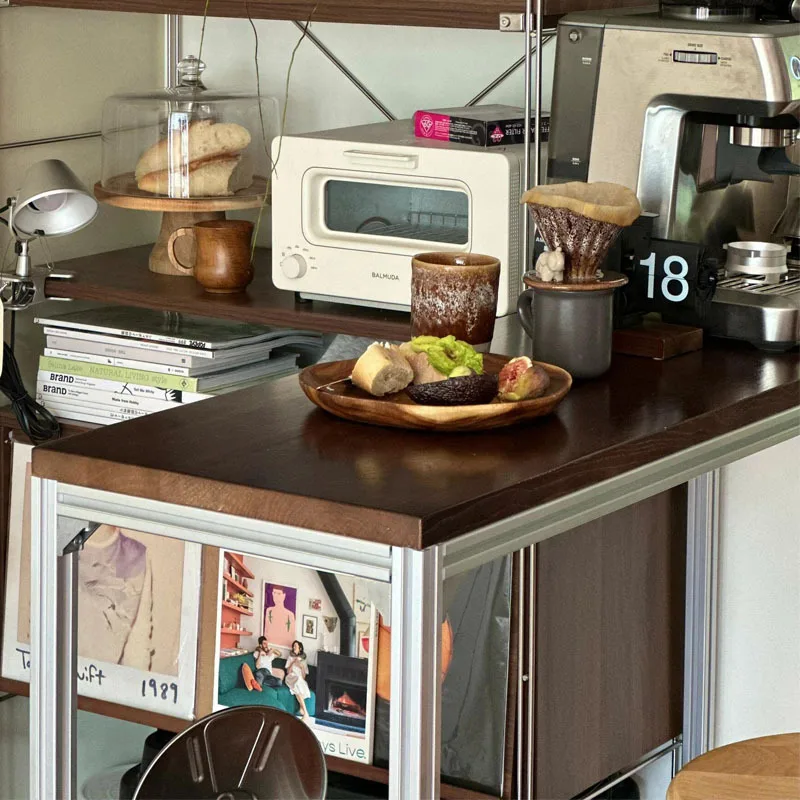 

Aluminum Bar Table & Chair Set - Window-Aligned Narrow Long Solid Wood Long Table for Milk Tea Shop