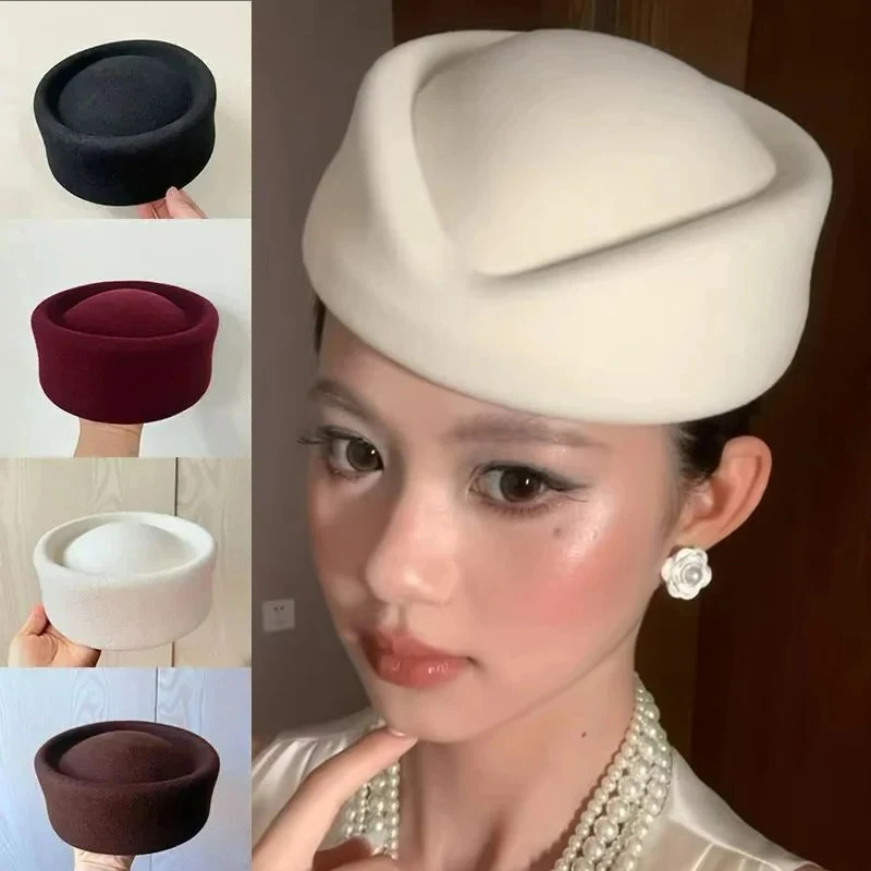 Elegant Hard Top Wool Felt Beret Women Party Stage Performance Formal Cap Black Flat Top Beret Female England Imitation Wool Hat