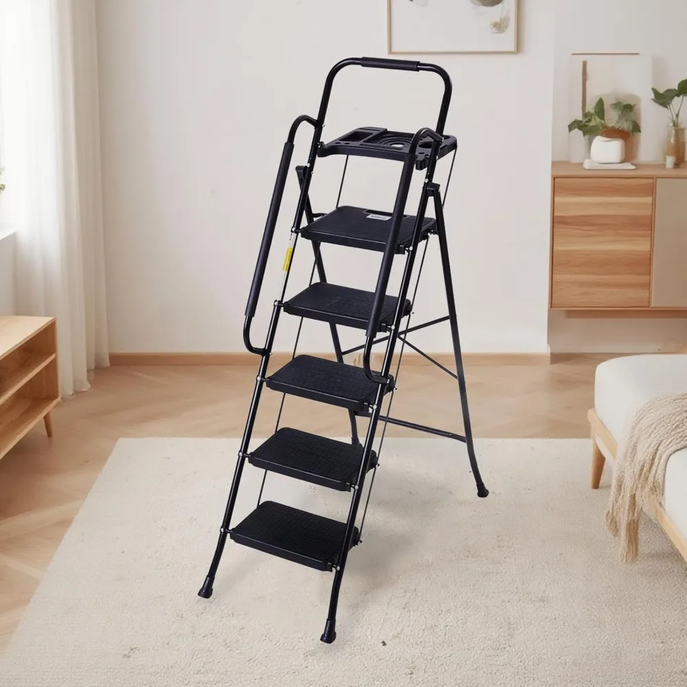 

5-Step Folding Ladder with Handrails, 500lbs Capacity, Anti-Slip Pedals & Tool Platform for Home Kitchen Office