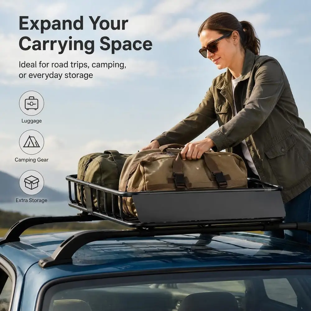 Galerie de toit pour voiture, support de toit universel en acier avec déflecteur d'air, panier de toit pour véhicule capacité 90,7 kg, support de transport pour bagages, valises et équipements de voyage, barre de toit robuste pour SUV camping aventure noir