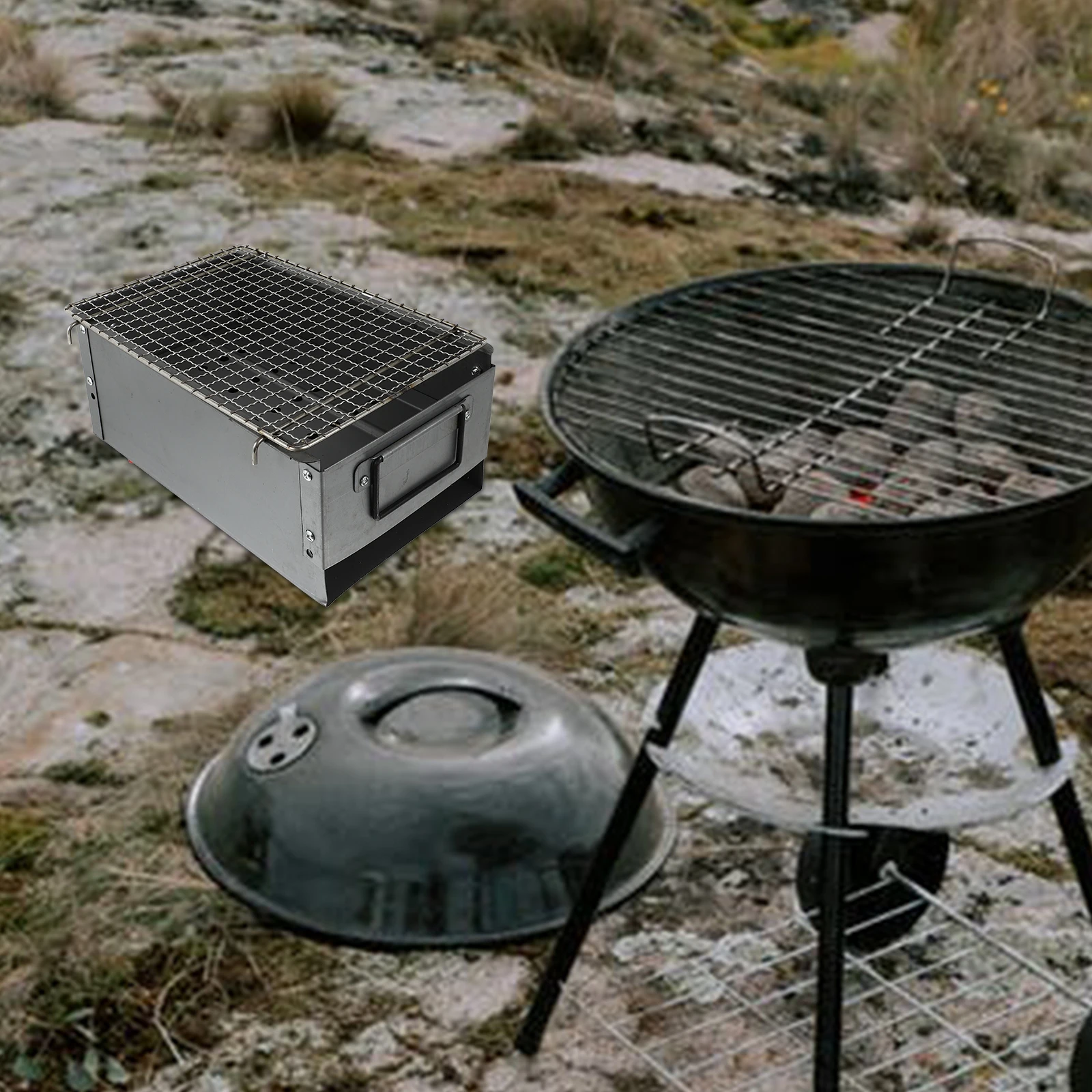 

Portable BBQ Stove Heavy Duty Iron Alloy Charcoal Grill for Outdoor Camping Silver Ferroalloy Travel Kitchen Gadget Durable Anti